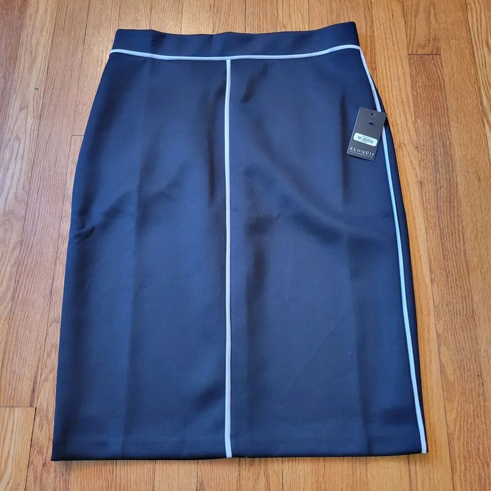 Eloquii 14 Black Pencil Skirt‎ Midi White Stripes Down the Side Stretch